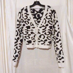 Colsie Fuzzy Leopard Print Cardigan L Soft Grunge Cozycore Y2K Glam Statement